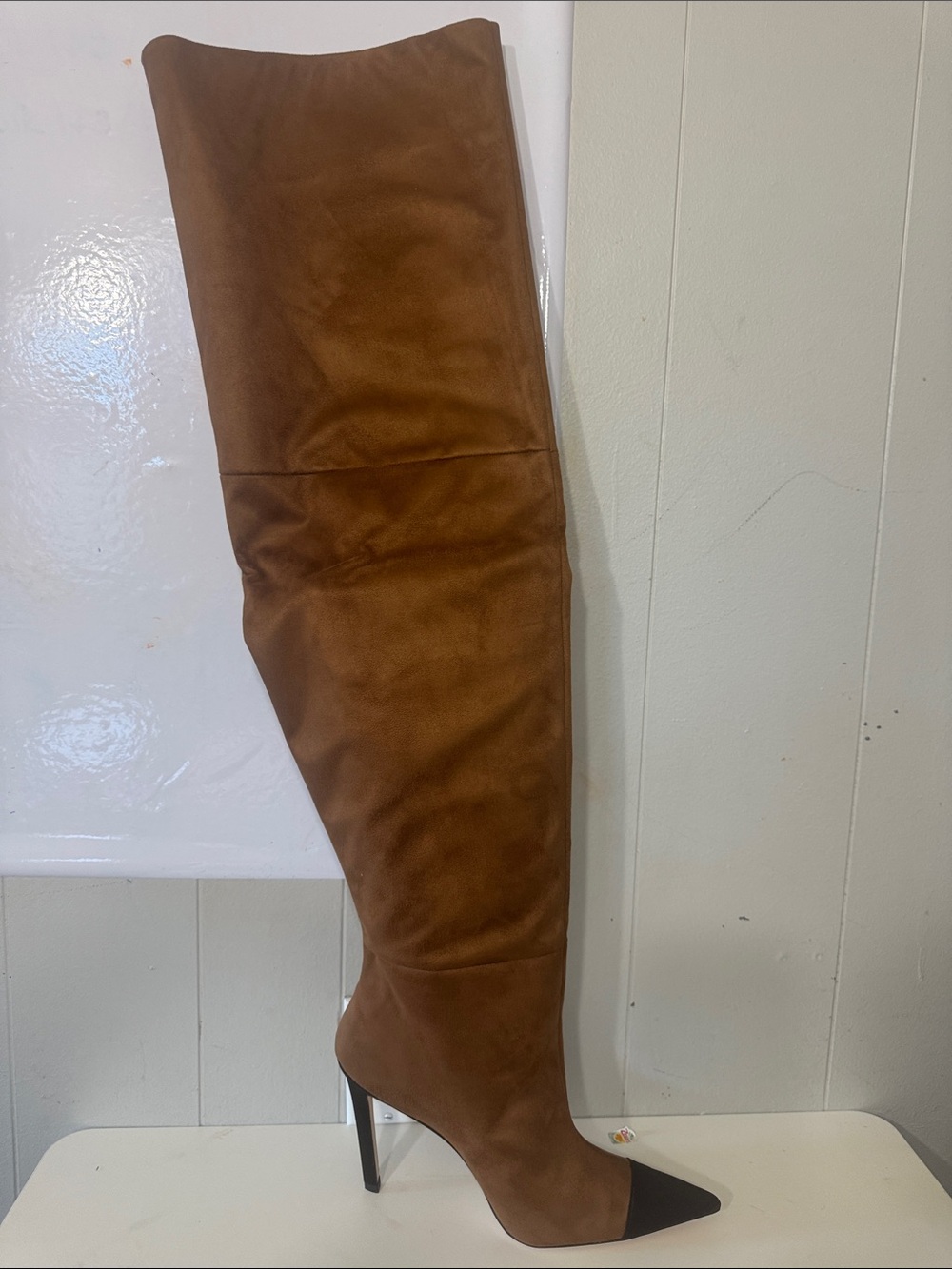 Brown Sugar Babe Over-the-Knee Boots with Black Satin Pointed Toe